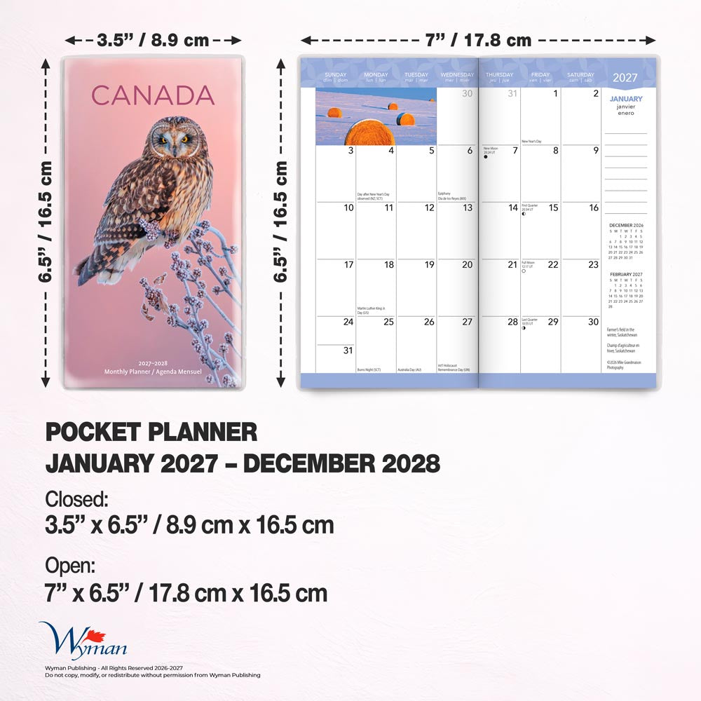 Canada | 2027-2028 3.5 x 6.5 Inch Two Year Monthly Pocket Planner Calendar | English/French Bilingual