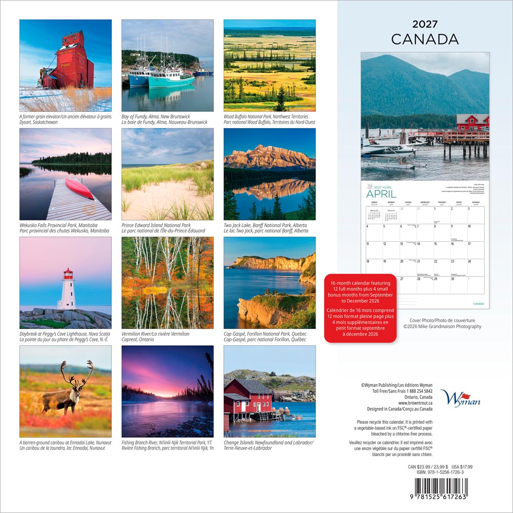 Canada | 2027 12 x 24 Inch (Hanging) Monthly Square Wall Calendar | English/French Bilingual