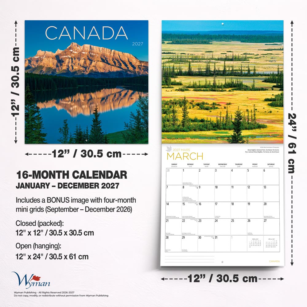 Canada | 2027 12 x 24 Inch (Hanging) Monthly Square Wall Calendar | English/French Bilingual