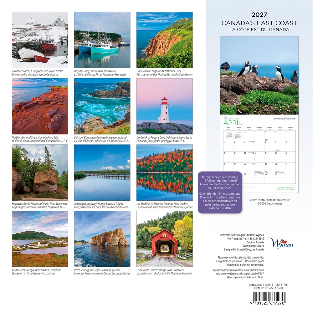 Canada's East Coast | 2027 12 x 24 Inch (Hanging) Monthly Square Wall Calendar | English/French Bilingual