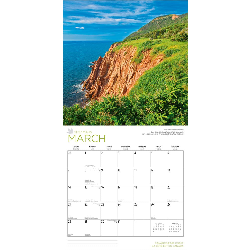 Canada's East Coast | 2027 12 x 24 Inch (Hanging) Monthly Square Wall Calendar | English/French Bilingual