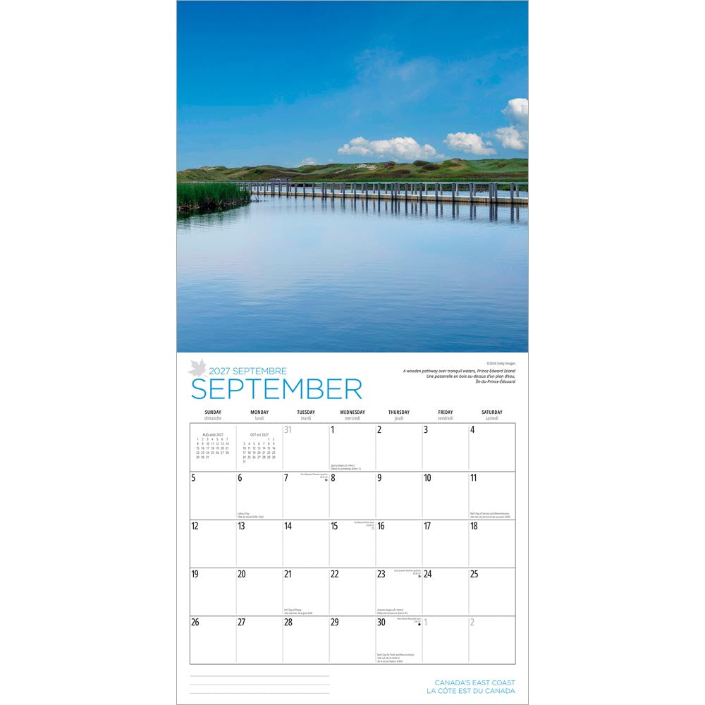 Canada's East Coast | 2027 12 x 24 Inch (Hanging) Monthly Square Wall Calendar | English/French Bilingual
