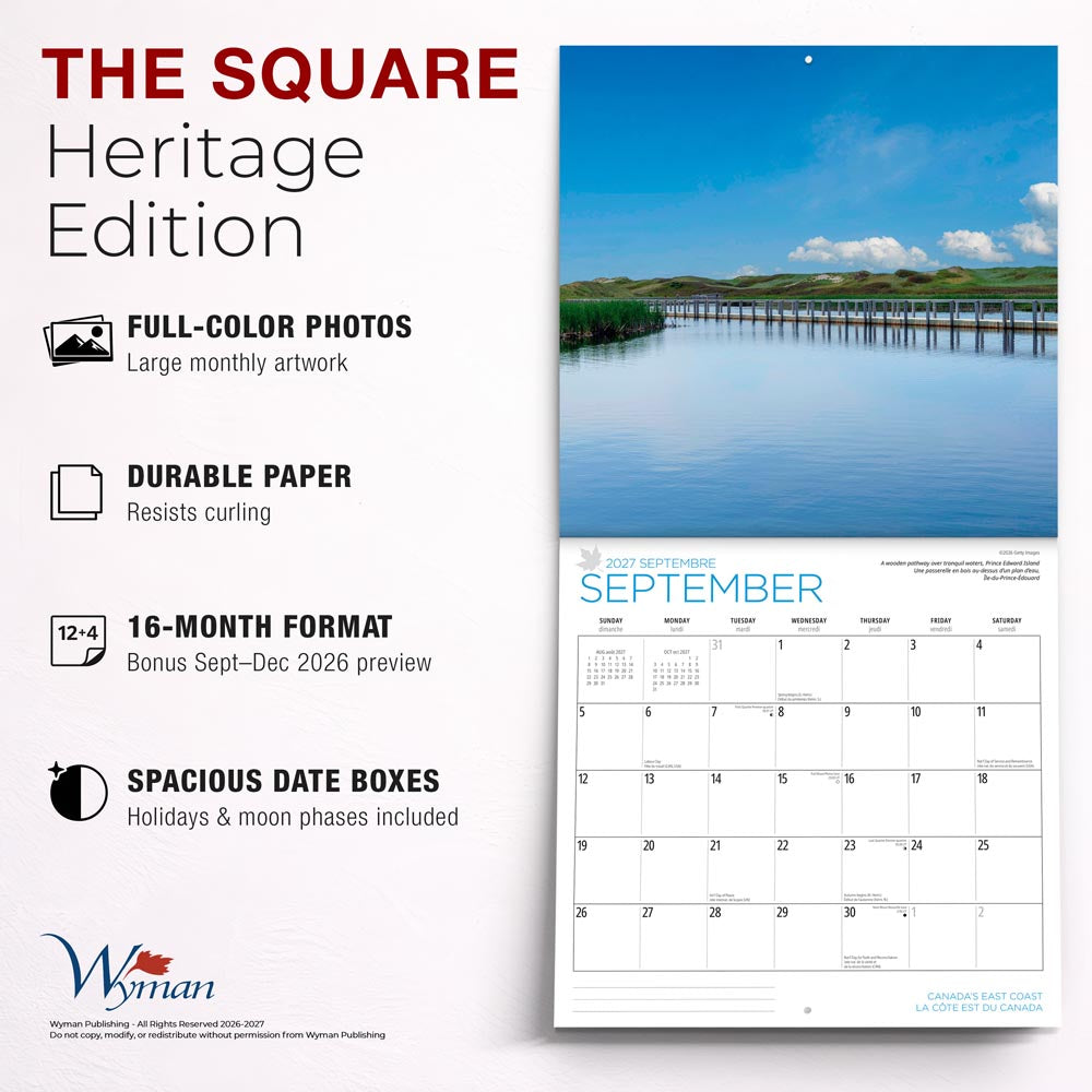 Canada's East Coast | 2027 12 x 24 Inch (Hanging) Monthly Square Wall Calendar | English/French Bilingual