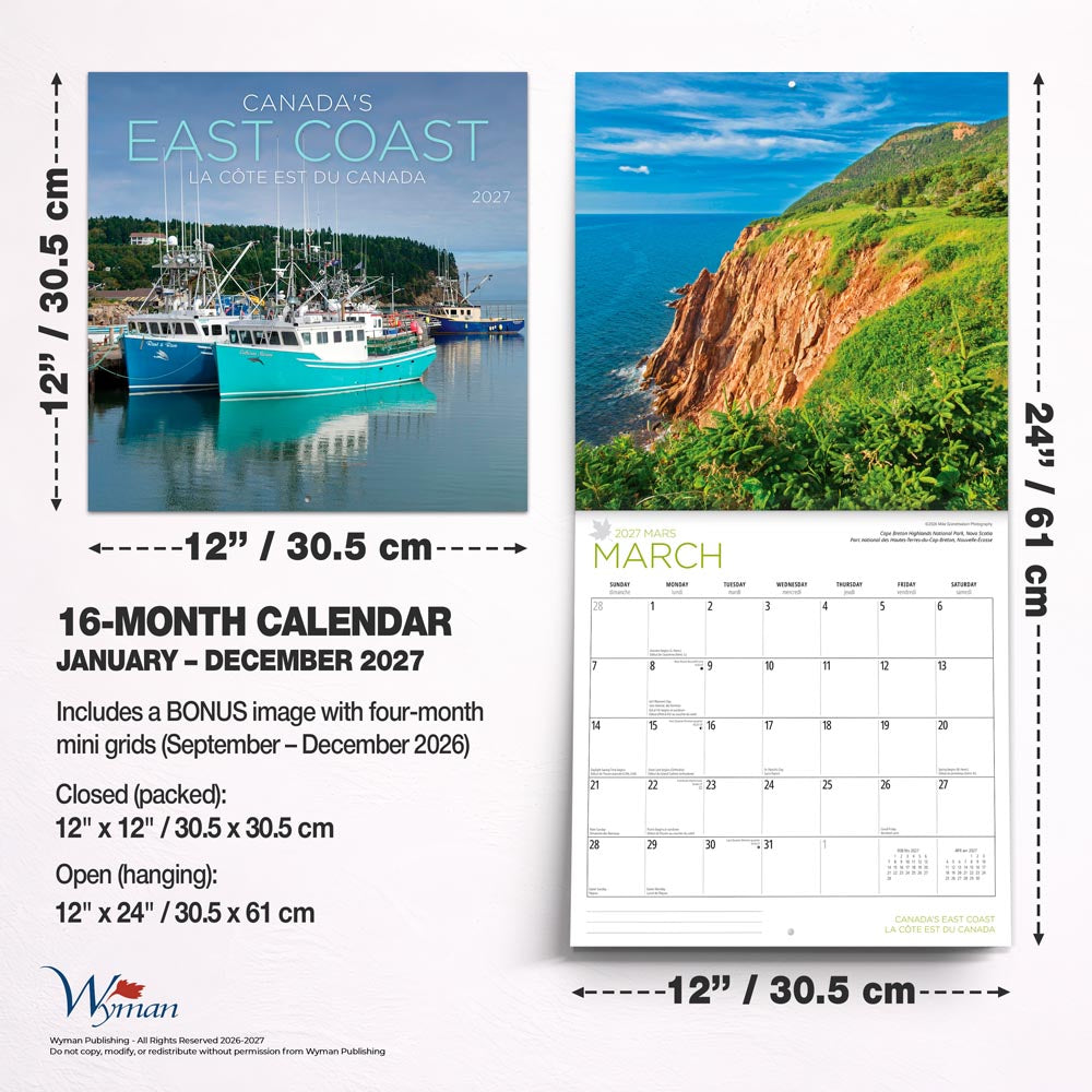 Canada's East Coast | 2027 12 x 24 Inch (Hanging) Monthly Square Wall Calendar | English/French Bilingual