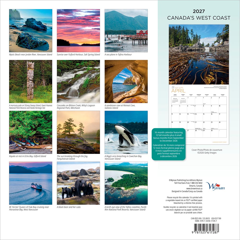 Canada's West Coast | 2027 12 x 24 Inch (Hanging) Monthly Square Wall Calendar
