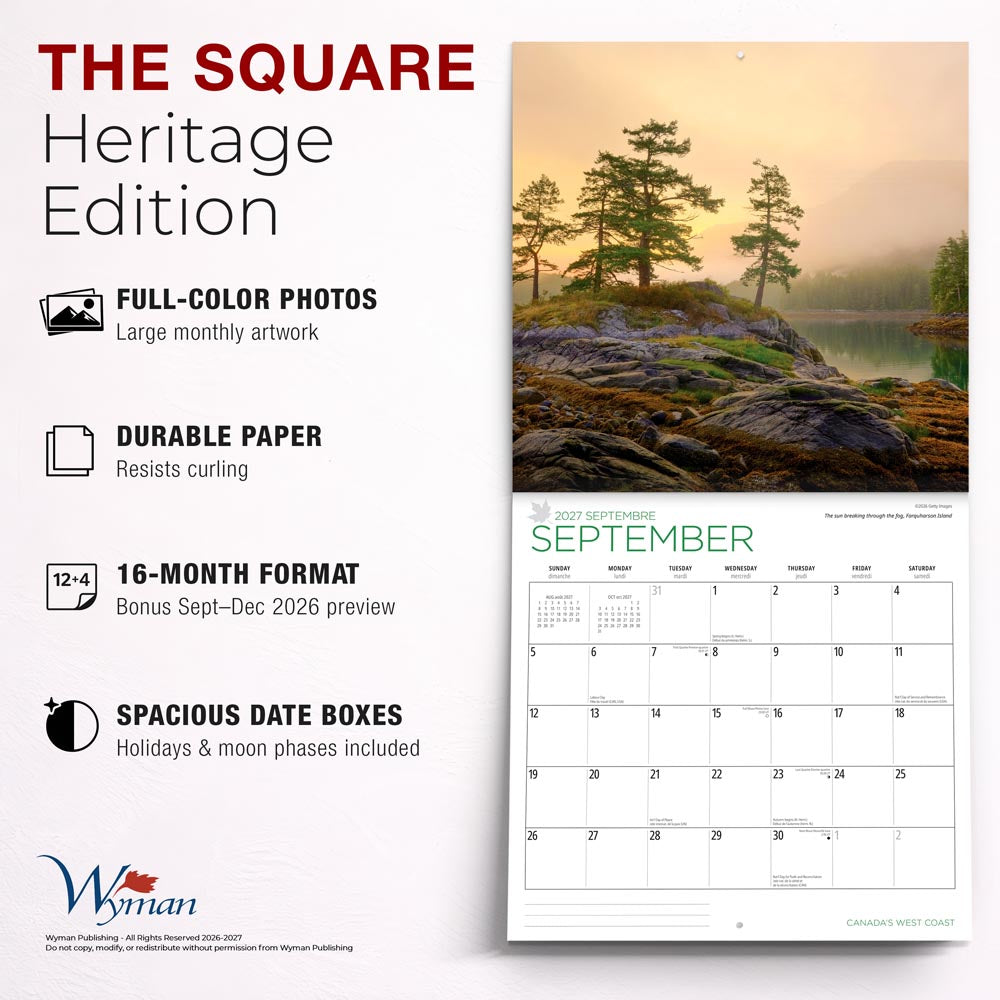 Canada's West Coast | 2027 12 x 24 Inch (Hanging) Monthly Square Wall Calendar