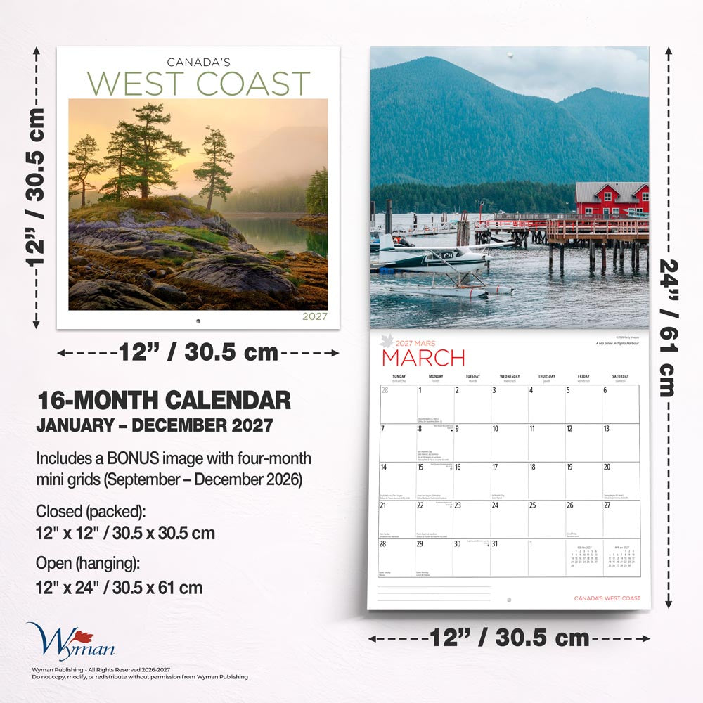 Canada's West Coast | 2027 12 x 24 Inch (Hanging) Monthly Square Wall Calendar