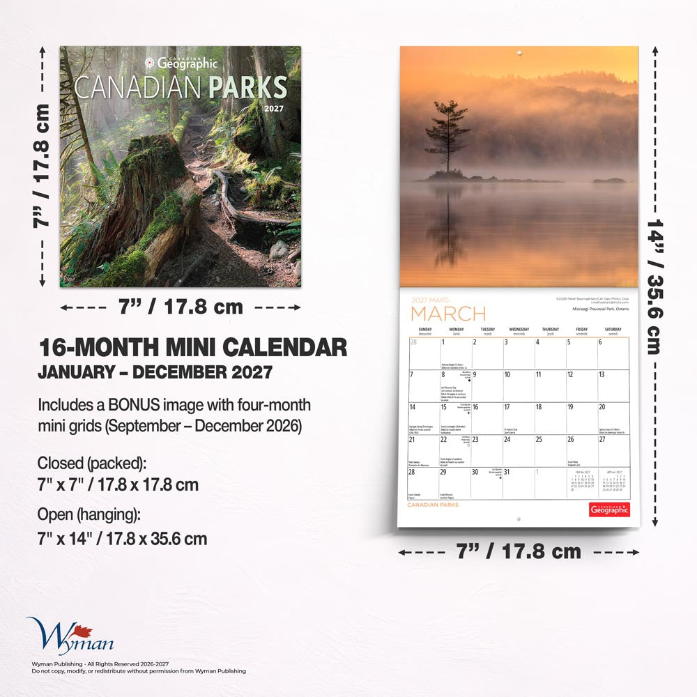 Canadian Geographic Parks OFFICIAL | 2027 7 x 14 Inch (Hanging) Monthly Mini Wall Calendar