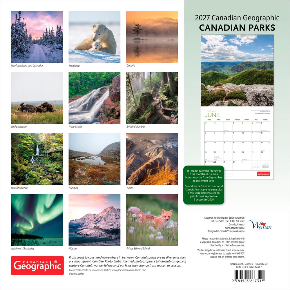 Canadian Geographic Parks OFFICIAL | 2027 12 x 24 Inch (Hanging) Monthly Square Wall Calendar