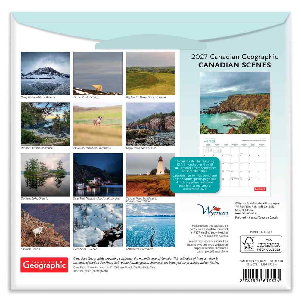 Canadian Geographic Scenes OFFICIAL | 2027 8.5 x 8.5 Inch Monthly Medium Wall Calendar | Gift Envelope