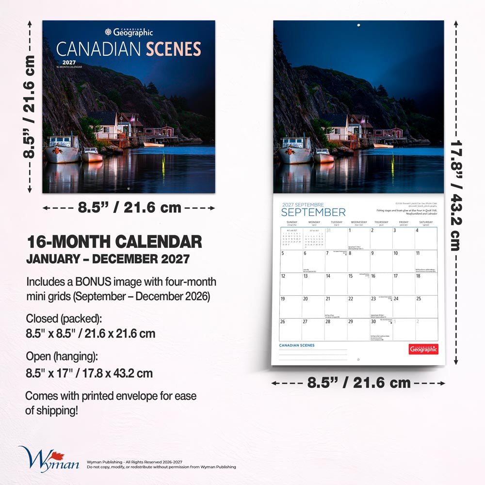 Canadian Geographic Scenes OFFICIAL | 2027 8.5 x 8.5 Inch Monthly Medium Wall Calendar | Gift Envelope