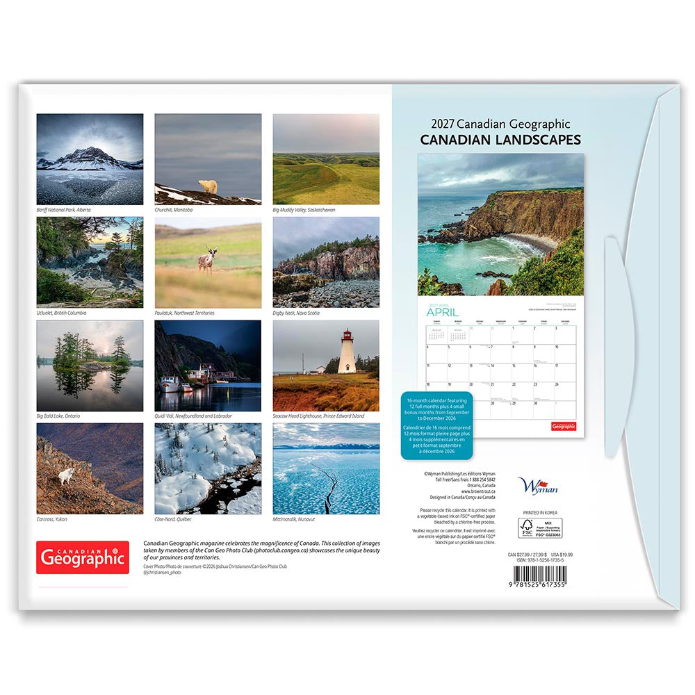 Canadian Geographic Landscapes OFFICIAL | 2027 14 x 24 Inch (Hanging) Monthly Deluxe Wall Calendar | Gift Envelope