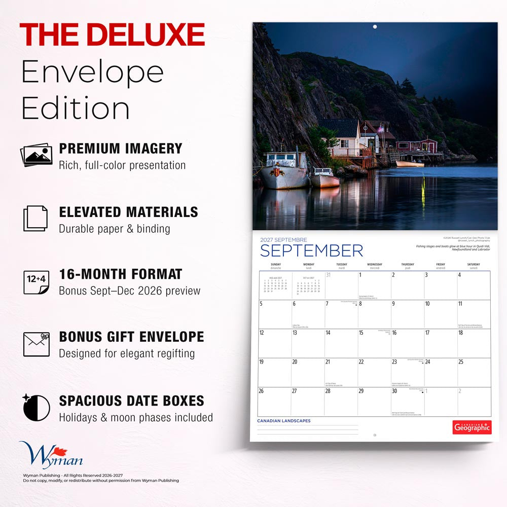 Canadian Geographic Landscapes OFFICIAL | 2027 14 x 24 Inch (Hanging) Monthly Deluxe Wall Calendar | Gift Envelope