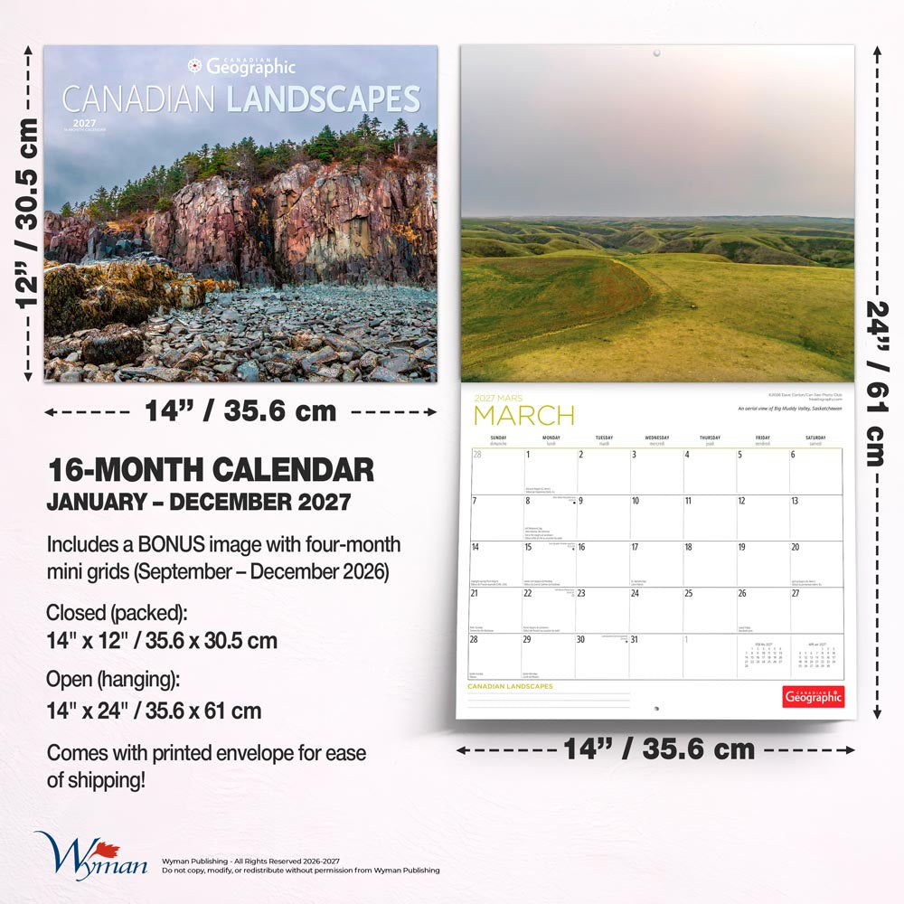Canadian Geographic Landscapes OFFICIAL | 2027 14 x 24 Inch (Hanging) Monthly Deluxe Wall Calendar | Gift Envelope