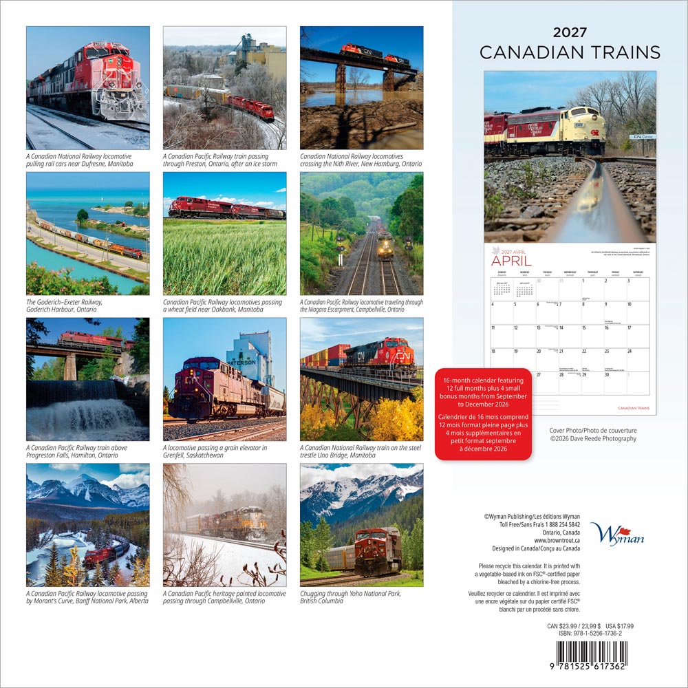 Canadian Trains | 2027 12 x 24 Inch (Hanging) Monthly Square Wall Calendar | Foil Stamped Cover