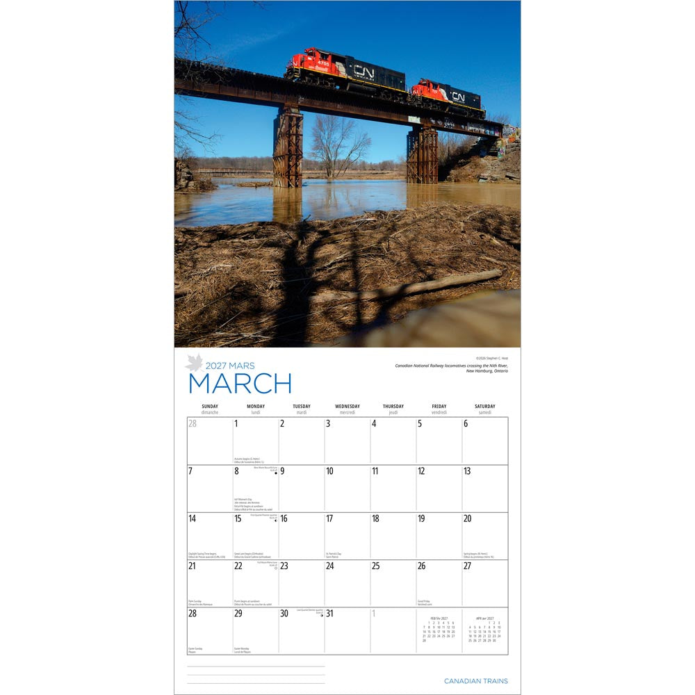 Canadian Trains | 2027 12 x 24 Inch (Hanging) Monthly Square Wall Calendar | Foil Stamped Cover