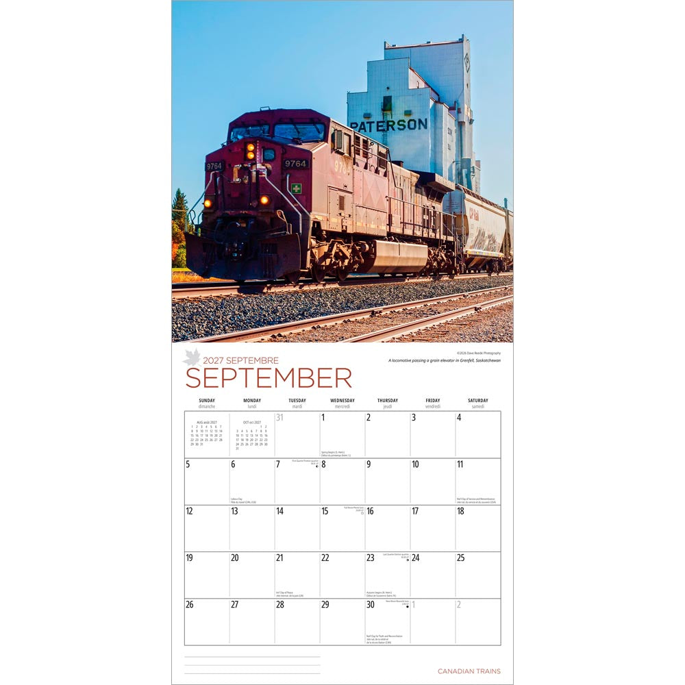 Canadian Trains | 2027 12 x 24 Inch (Hanging) Monthly Square Wall Calendar | Foil Stamped Cover