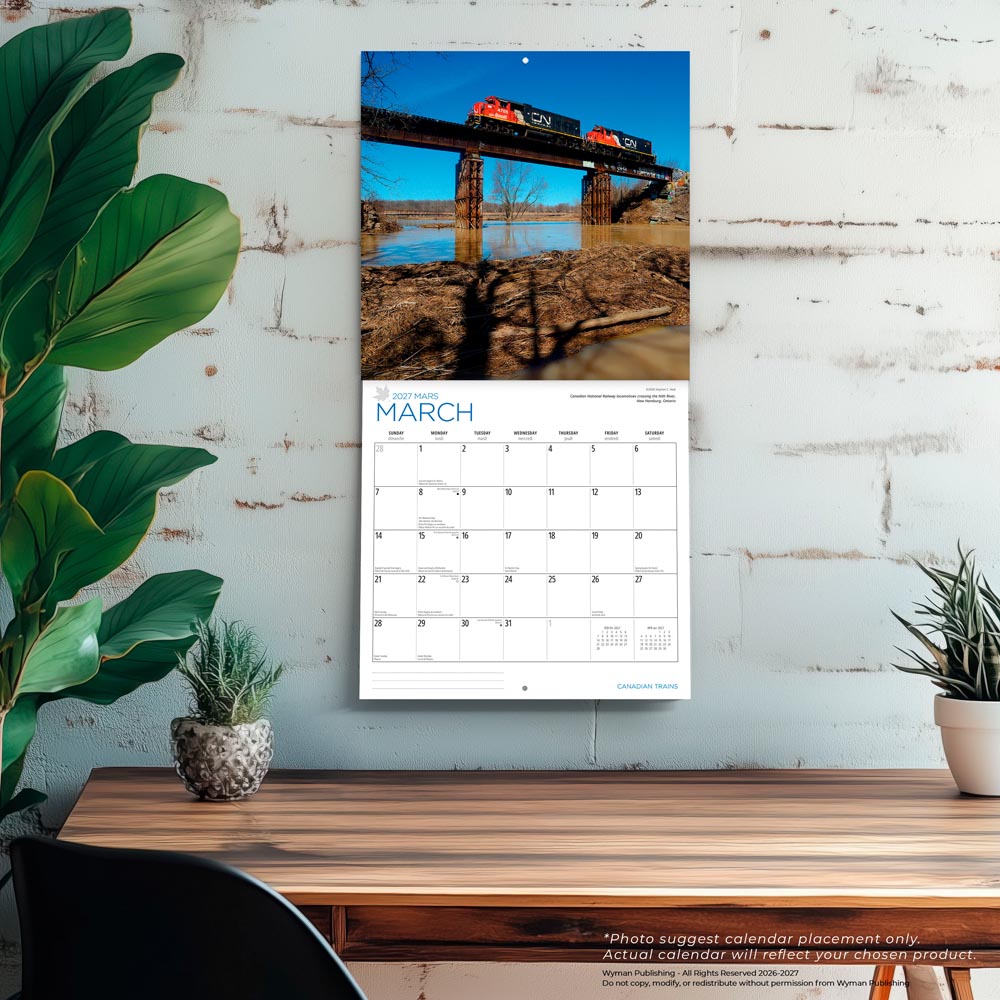 Canadian Trains | 2027 12 x 24 Inch (Hanging) Monthly Square Wall Calendar | Foil Stamped Cover
