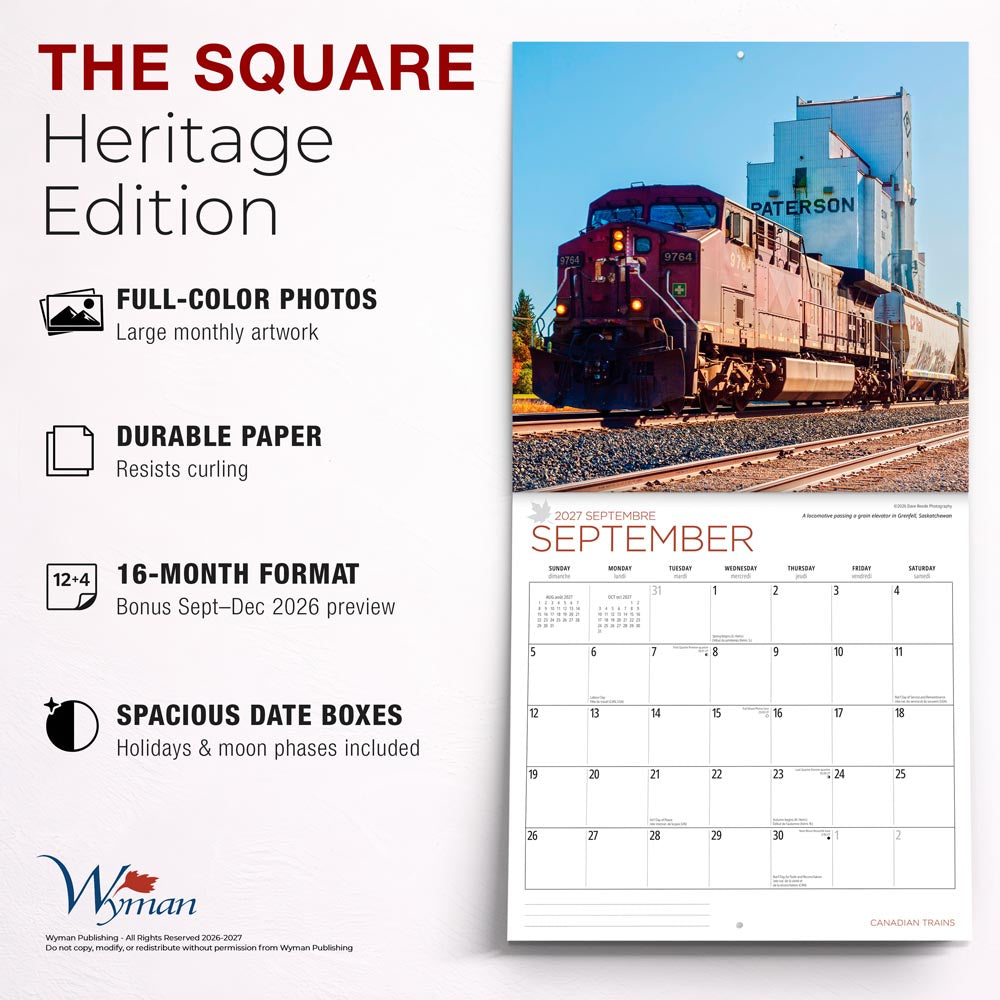 Canadian Trains | 2027 12 x 24 Inch (Hanging) Monthly Square Wall Calendar | Foil Stamped Cover