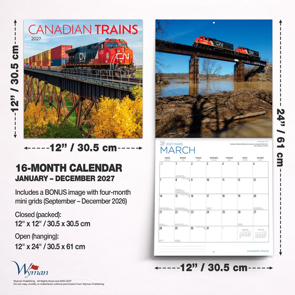 Canadian Trains | 2027 12 x 24 Inch (Hanging) Monthly Square Wall Calendar | Foil Stamped Cover