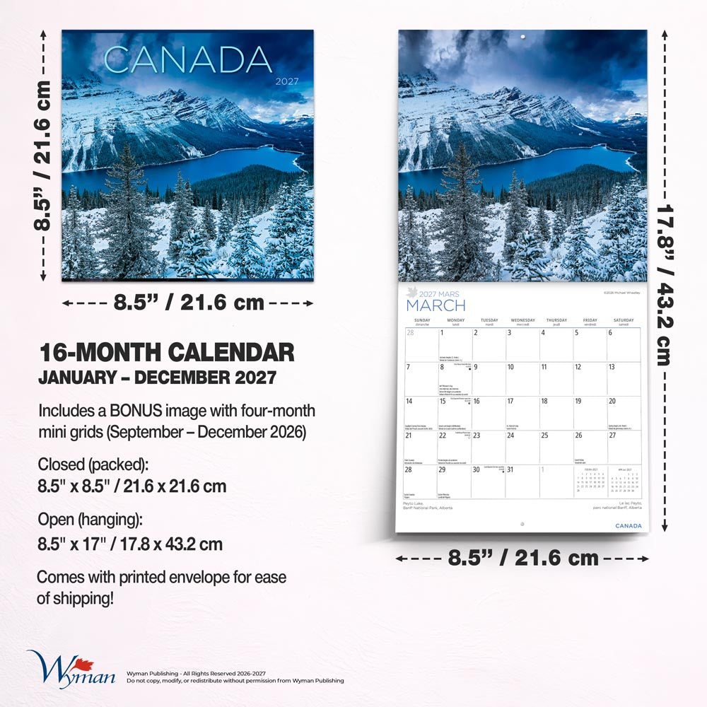 Canada | 2027 8.5 x 8.5 Inch Monthly Medium Wall Calendar | Gift Envelope | English/French Bilingual