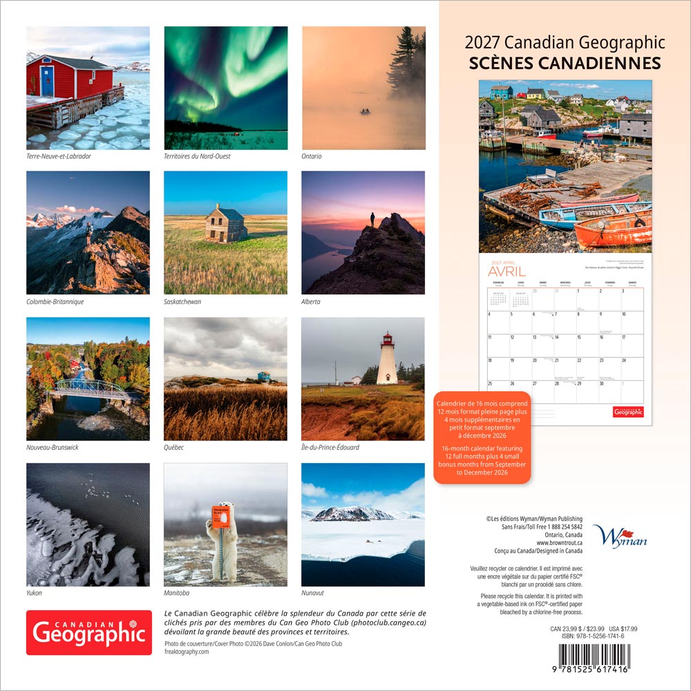 Canadian Geographic Scenes OFFICIAL | 2027 12 x 24 Inch (Hanging) Monthly Square Wall Calendar | French Language