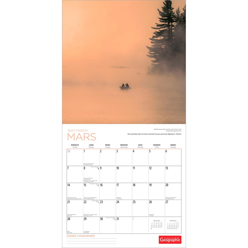 Canadian Geographic Scenes OFFICIAL | 2027 12 x 24 Inch (Hanging) Monthly Square Wall Calendar | French Language