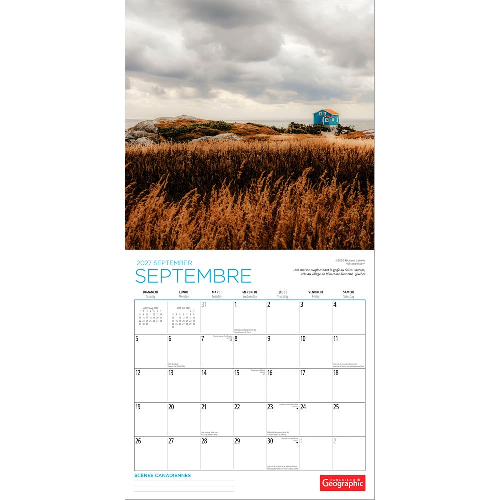 Canadian Geographic Scenes OFFICIAL | 2027 12 x 24 Inch (Hanging) Monthly Square Wall Calendar | French Language