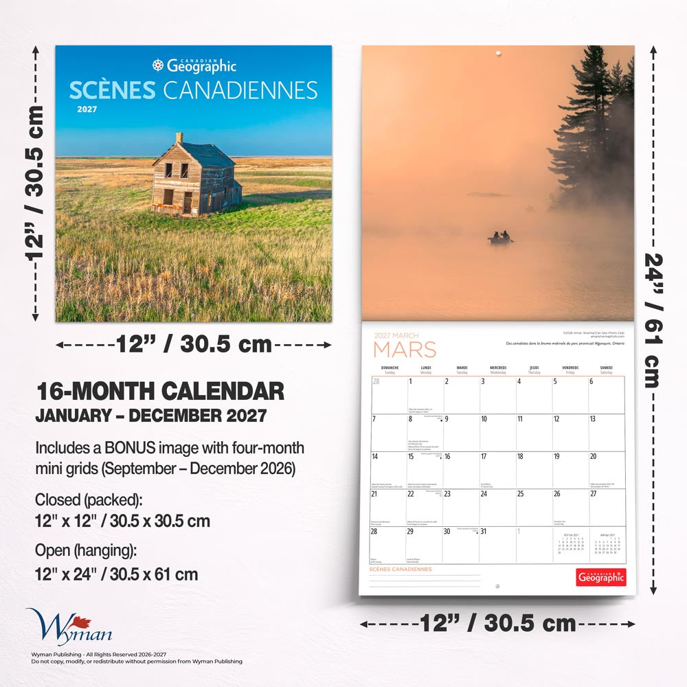 Canadian Geographic Scenes OFFICIAL | 2027 12 x 24 Inch (Hanging) Monthly Square Wall Calendar | French Language