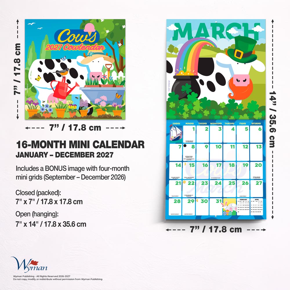 Cows Creamery OFFICIAL | 2027 7 x 14 Inch (Hanging) Monthly Mini Wall Calendar
