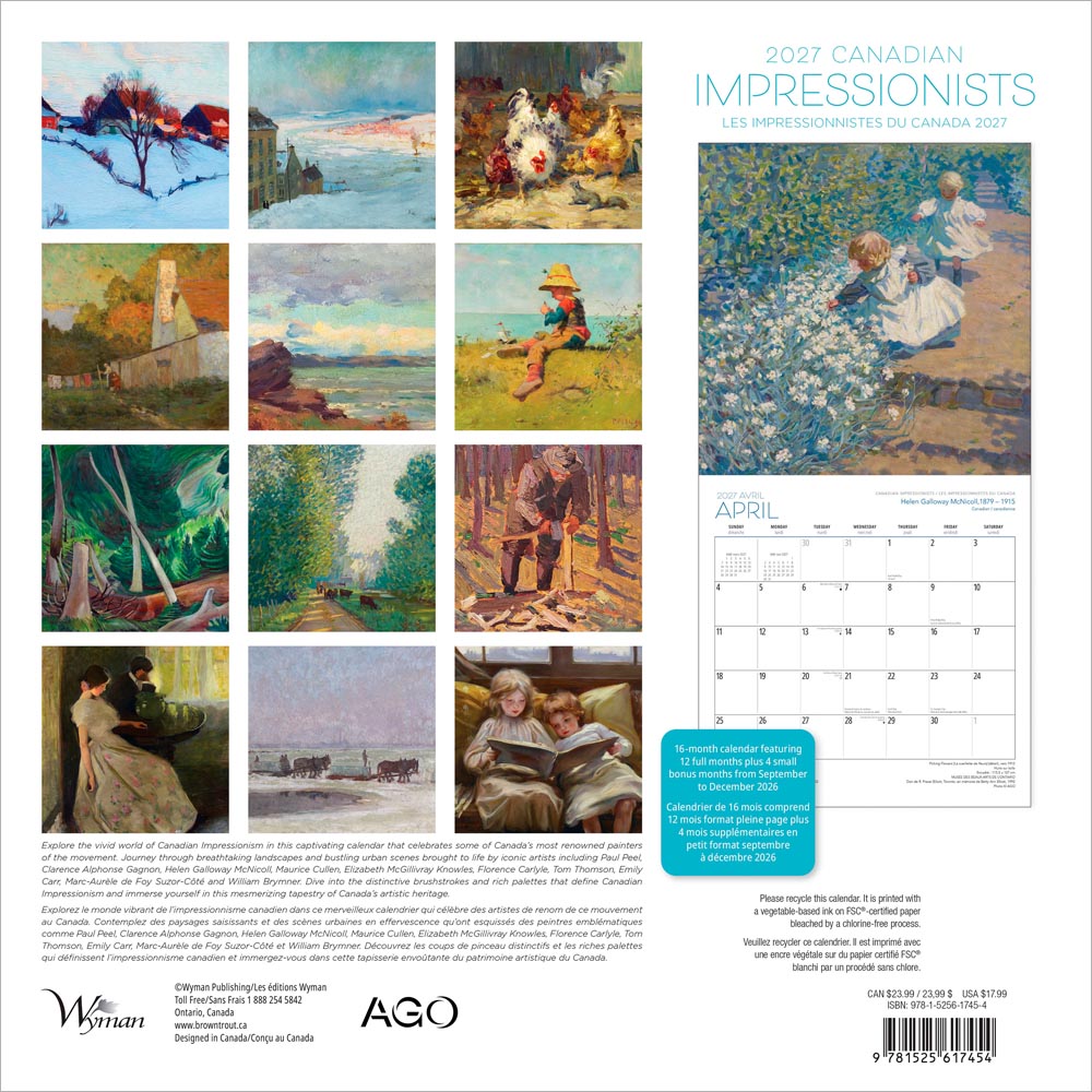 Canadian Impressionists AGO OFFICIAL | 2027 12 x 24 Inch (Hanging) Monthly Square Wall Calendar | English/French Bilingual