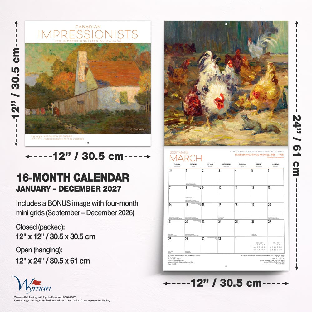 Canadian Impressionists AGO OFFICIAL | 2027 12 x 24 Inch (Hanging) Monthly Square Wall Calendar | English/French Bilingual