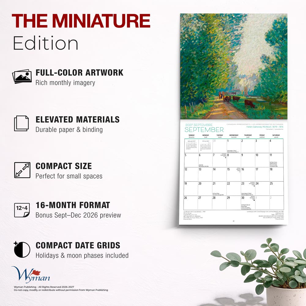 Canadian Impressionists AGO OFFICIAL | 2027 7 x 14 Inch (Hanging) Monthly Mini Wall Calendar | English/French Bilingual
