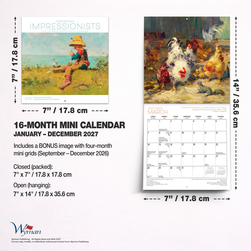 Canadian Impressionists AGO OFFICIAL | 2027 7 x 14 Inch (Hanging) Monthly Mini Wall Calendar | English/French Bilingual