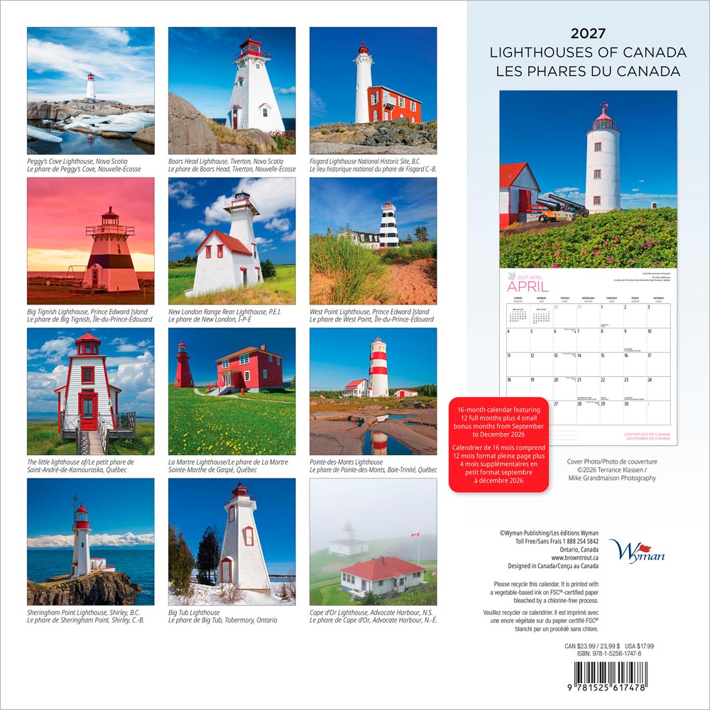Lighthouses of Canada | 2027 12 x 24 Inch (Hanging) Monthly Square Wall Calendar | English/French Bilingual