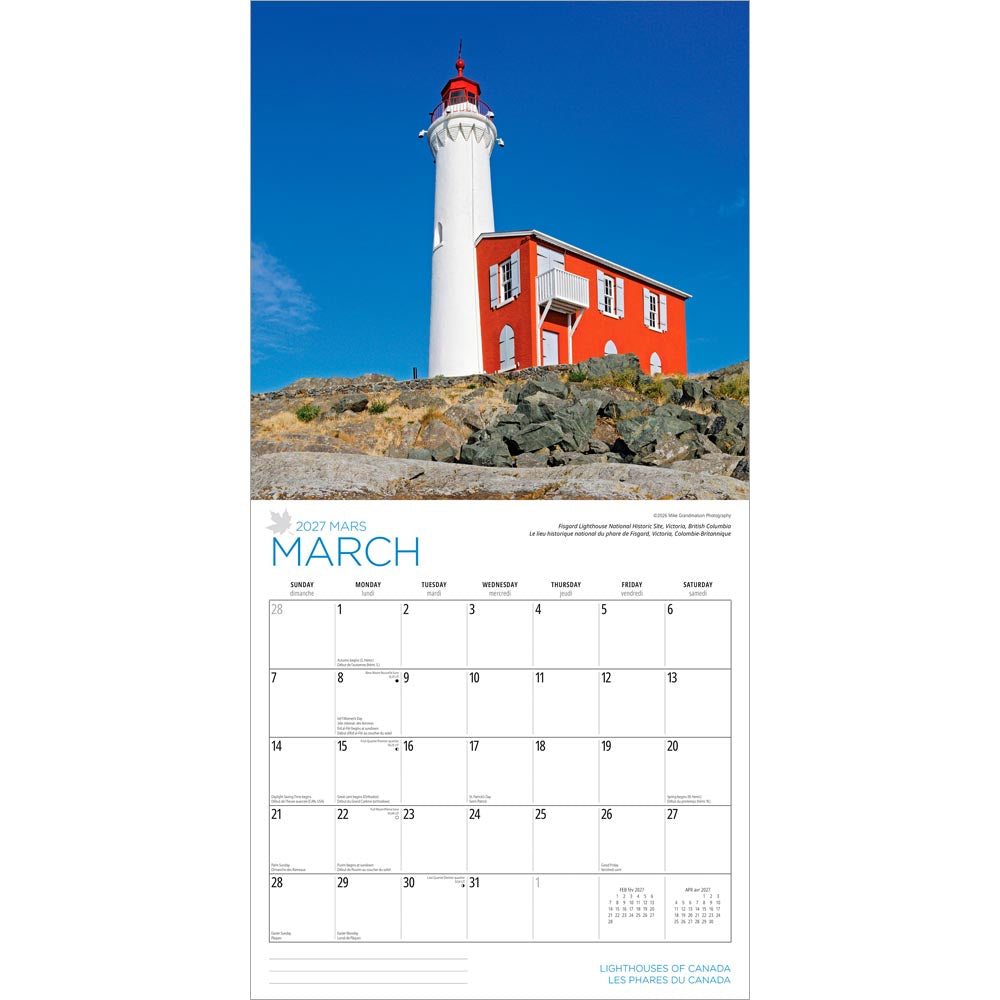 Lighthouses of Canada | 2027 12 x 24 Inch (Hanging) Monthly Square Wall Calendar | English/French Bilingual