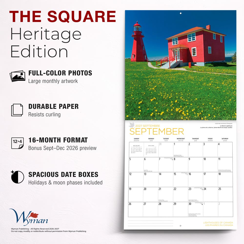 Lighthouses of Canada | 2027 12 x 24 Inch (Hanging) Monthly Square Wall Calendar | English/French Bilingual