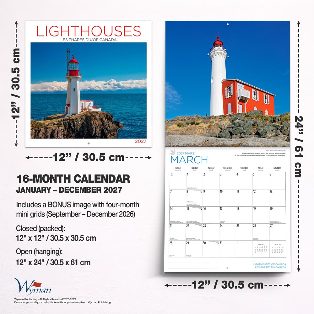 Lighthouses of Canada | 2027 12 x 24 Inch (Hanging) Monthly Square Wall Calendar | English/French Bilingual