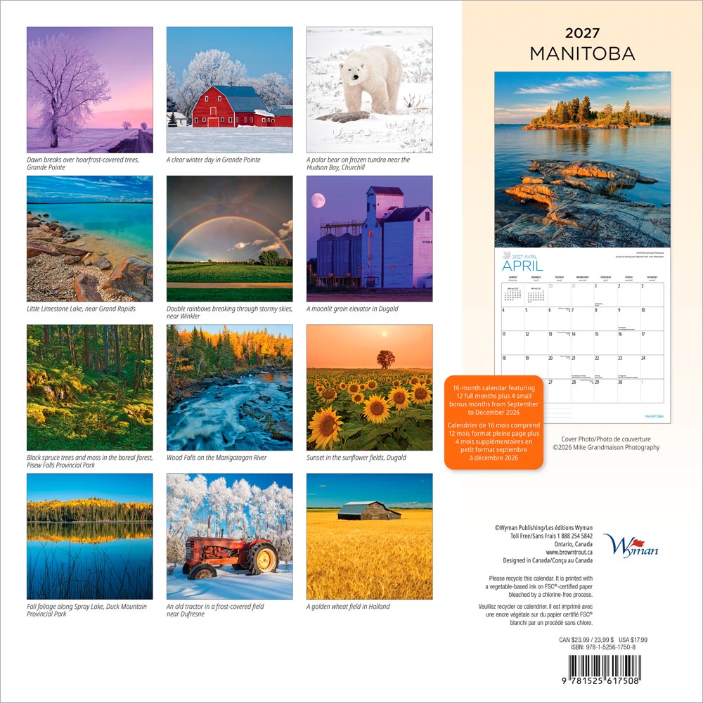 Manitoba | 2027 12 x 24 Inch (Hanging) Monthly Square Wall Calendar