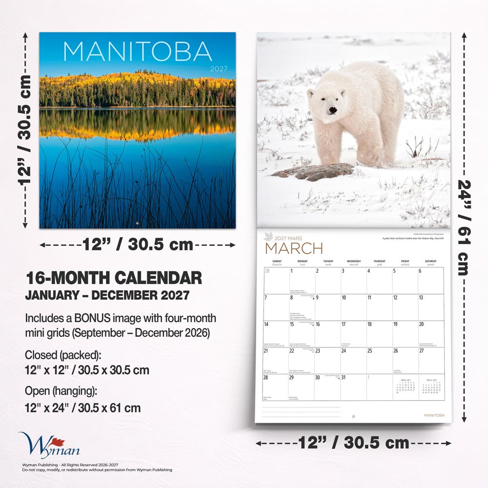 Manitoba | 2027 12 x 24 Inch (Hanging) Monthly Square Wall Calendar