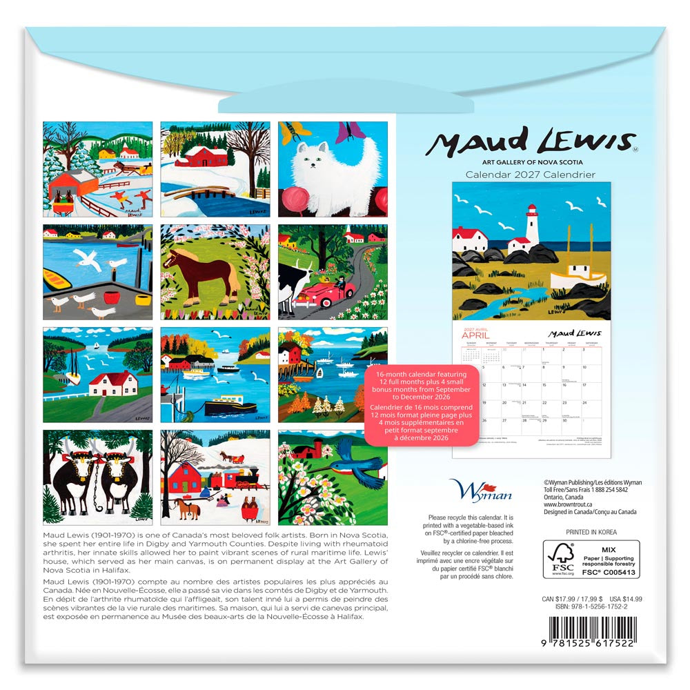 Maud Lewis AGNS OFFICIAL | 2027 8.5 x 8.5 Inch Monthly Medium Wall Calendar | Gift Envelope | English/French Bilingual