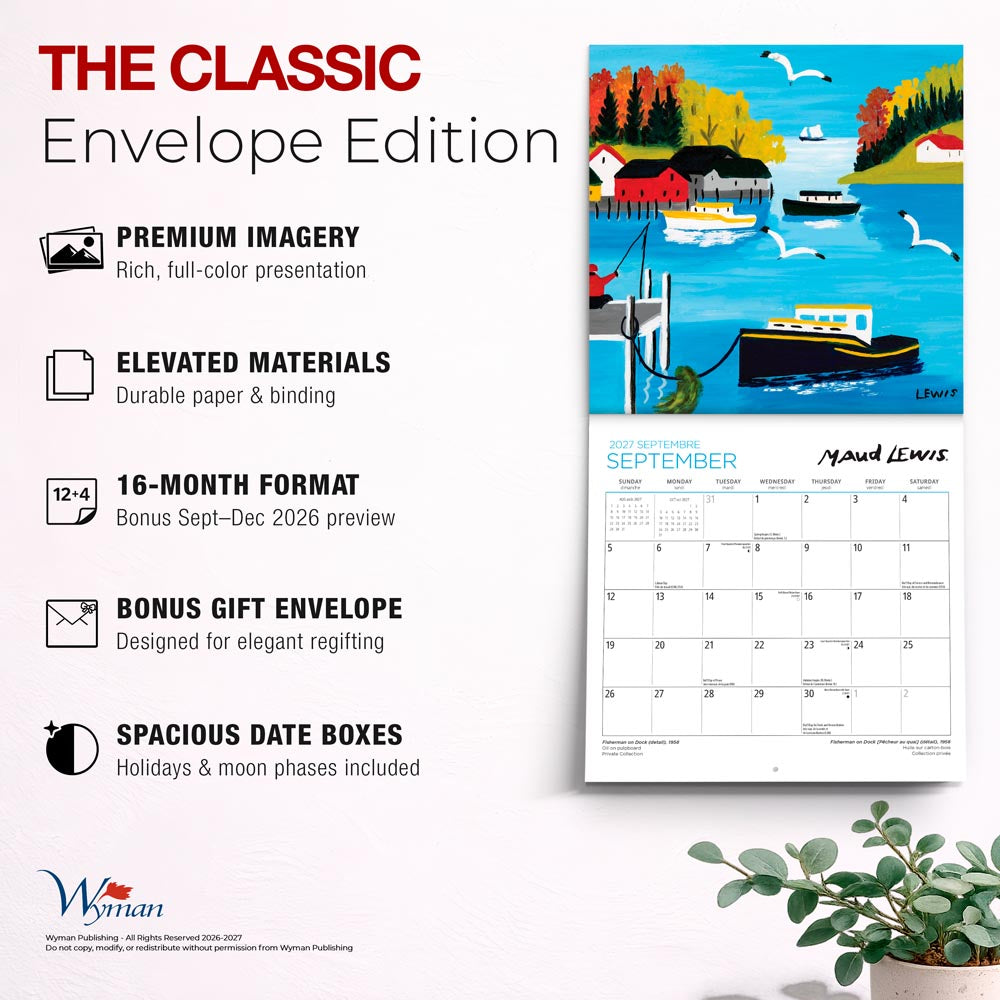 Maud Lewis AGNS OFFICIAL | 2027 8.5 x 8.5 Inch Monthly Medium Wall Calendar | Gift Envelope | English/French Bilingual