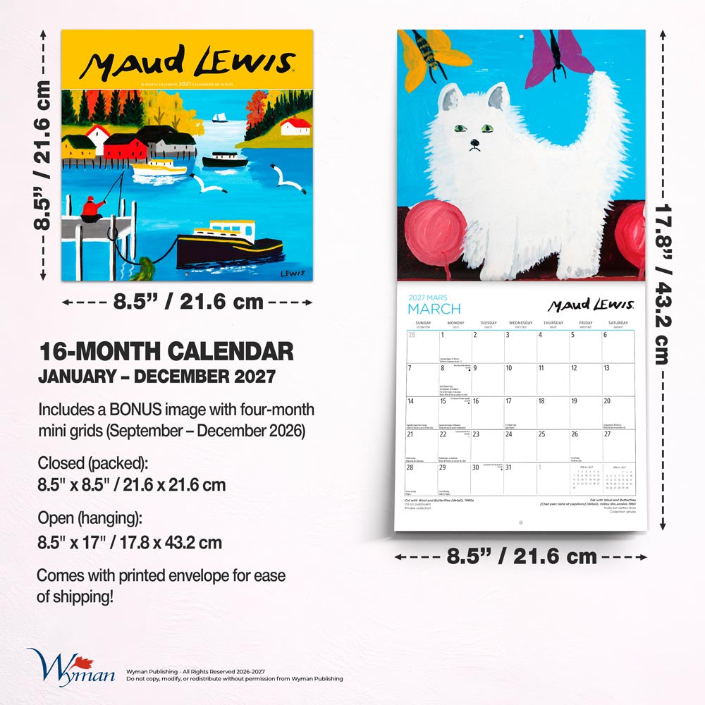 Maud Lewis AGNS OFFICIAL | 2027 8.5 x 8.5 Inch Monthly Medium Wall Calendar | Gift Envelope | English/French Bilingual