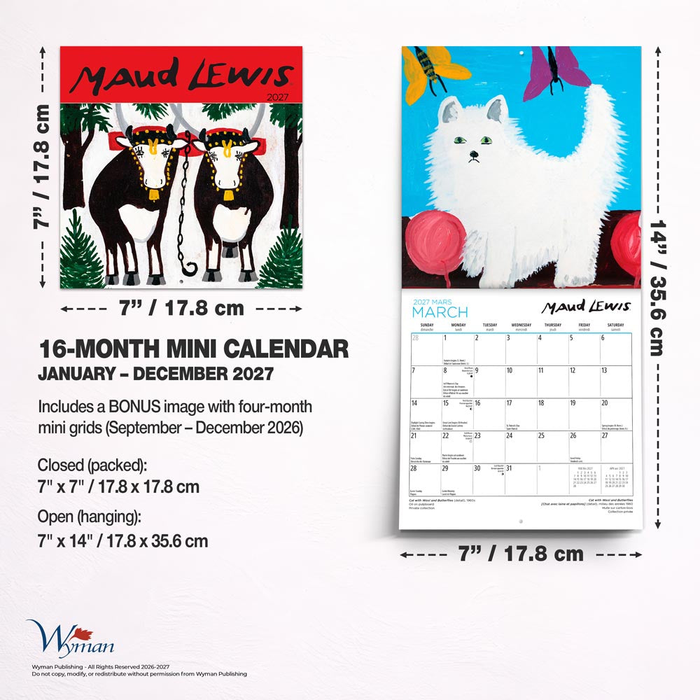 Maud Lewis AGNS OFFICIAL | 2027 7 x 14 Inch (Hanging) Monthly Mini Wall Calendar | English/French Bilingual
