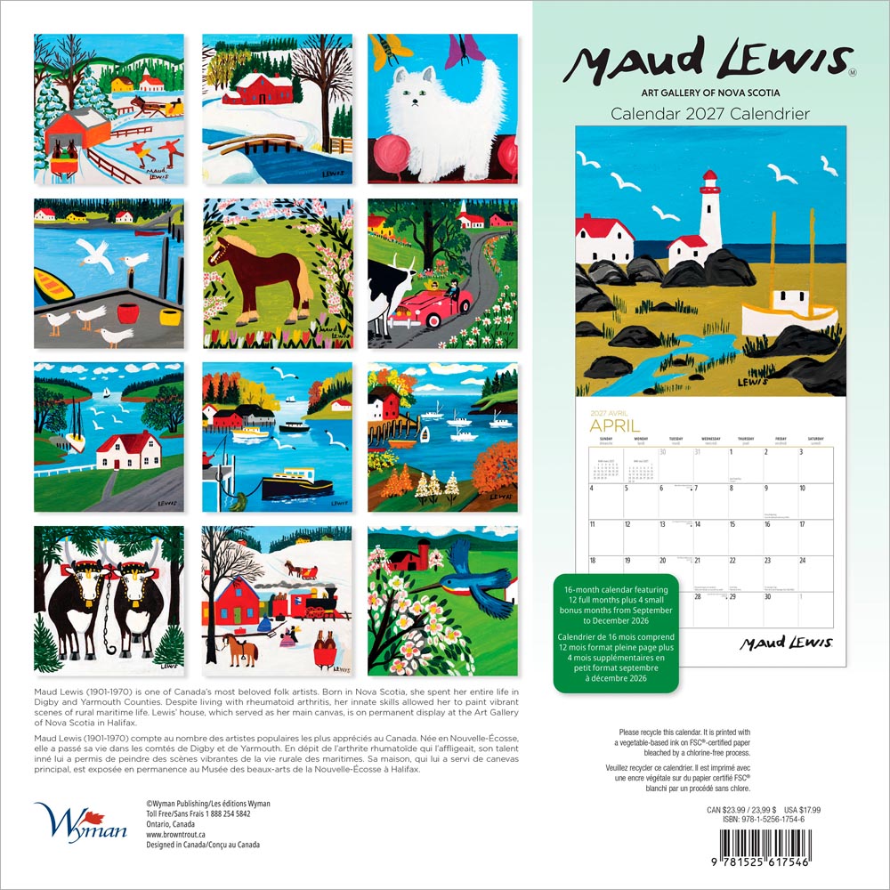 Maud Lewis AGNS OFFICIAL | 2027 12 x 24 Inch (Hanging) Monthly Square Wall Calendar | English/French Bilingual