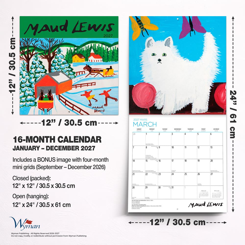 Maud Lewis AGNS OFFICIAL | 2027 12 x 24 Inch (Hanging) Monthly Square Wall Calendar | English/French Bilingual