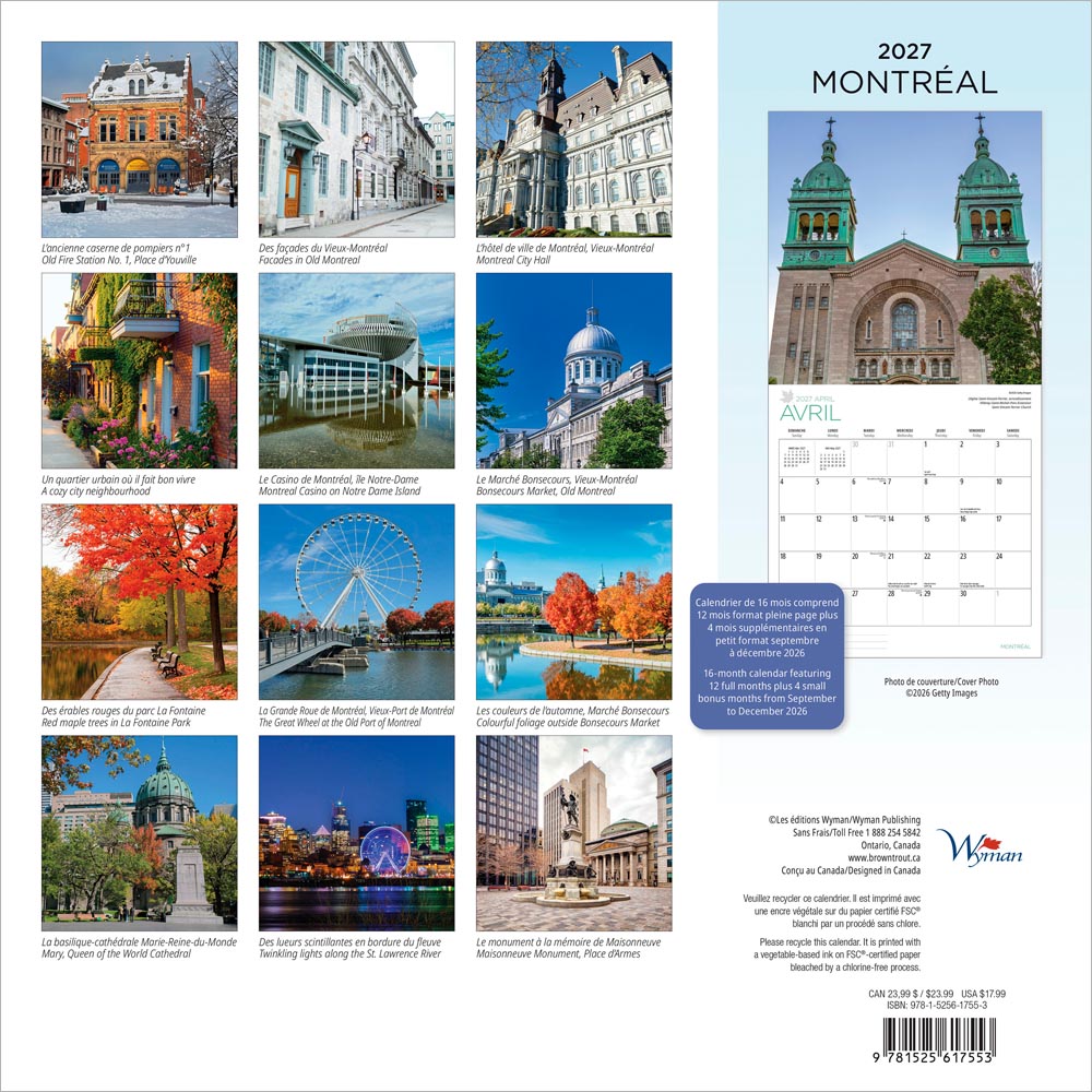 Montreal | 2027 12 x 24 Inch (Hanging) Monthly Square Wall Calendar | English/French Bilingual