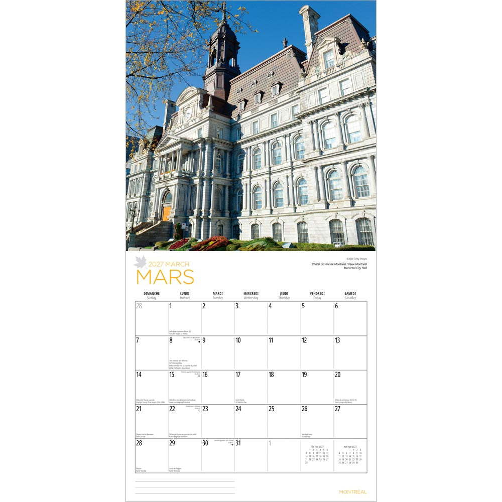 Montreal | 2027 12 x 24 Inch (Hanging) Monthly Square Wall Calendar | English/French Bilingual