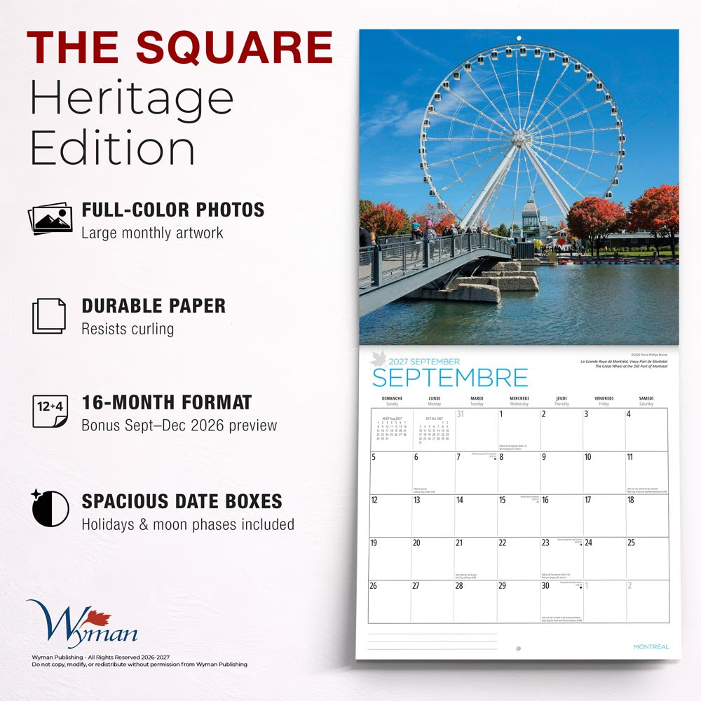 Montreal | 2027 12 x 24 Inch (Hanging) Monthly Square Wall Calendar | English/French Bilingual