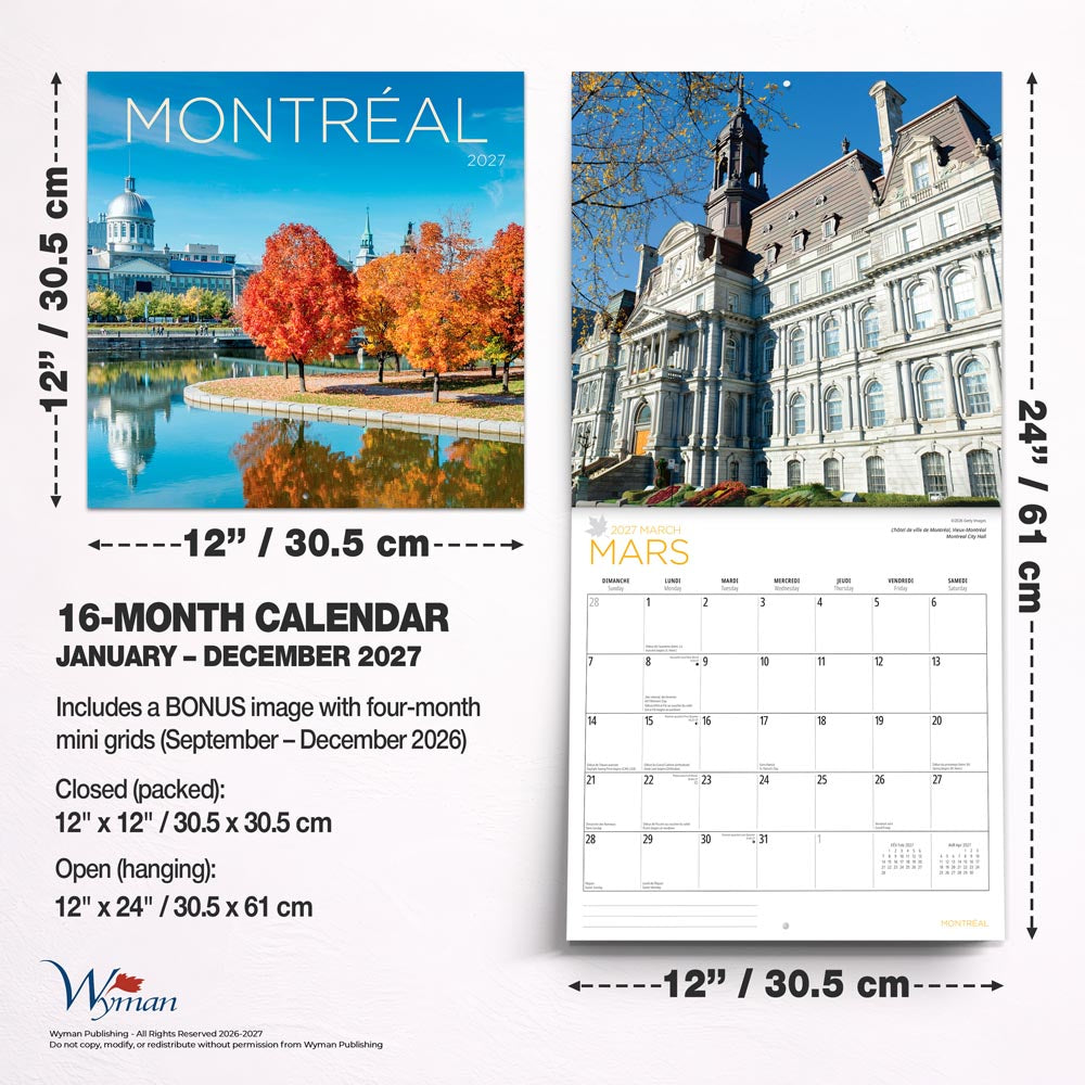 Montreal | 2027 12 x 24 Inch (Hanging) Monthly Square Wall Calendar | English/French Bilingual